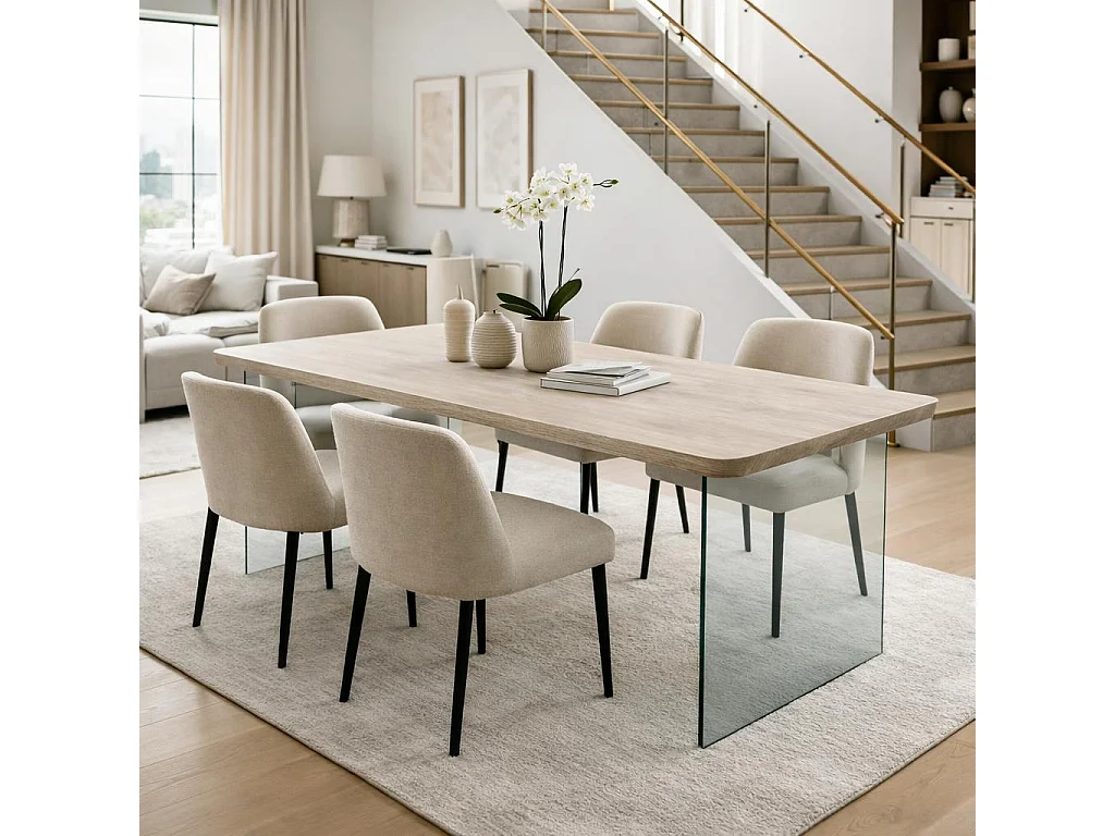 Table extensible chêne grisé bords biseautés pieds verre 180 cm PALERME