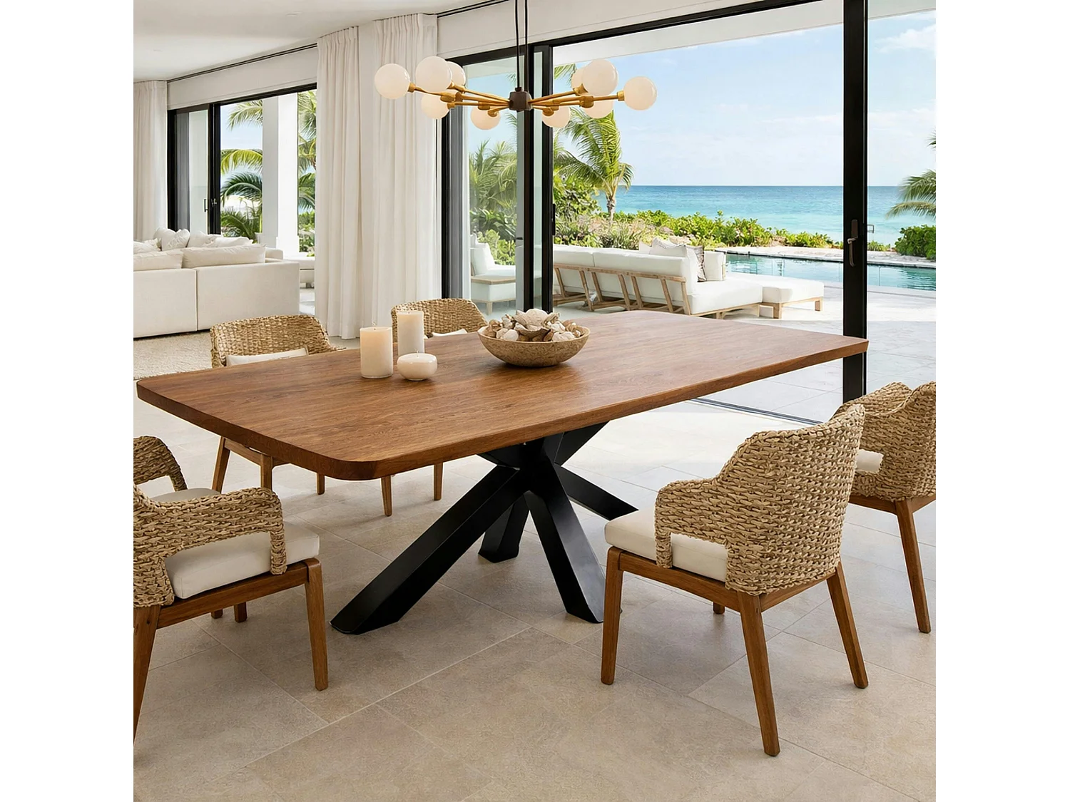 Table extensible chêne brun bords biseautés pied noir 220 cm PALERME