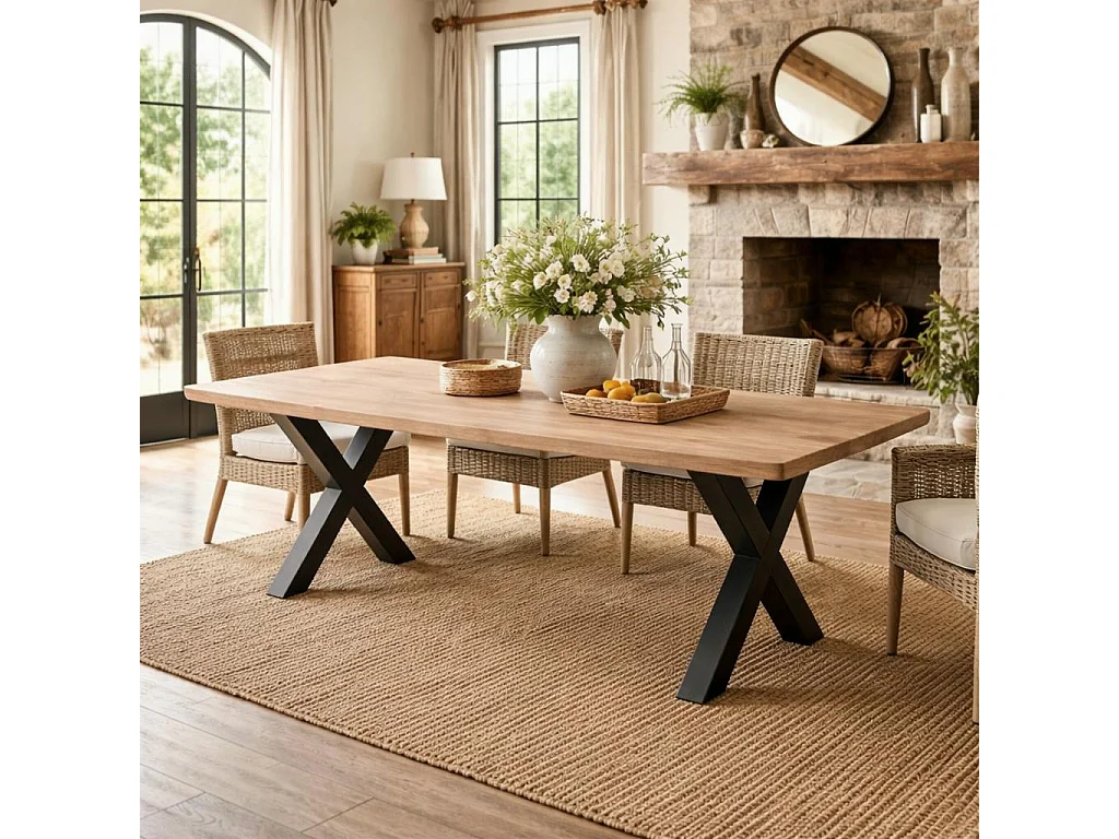 Table extensible chêne grisé bords biseautés pieds en X 200 cm PALERME