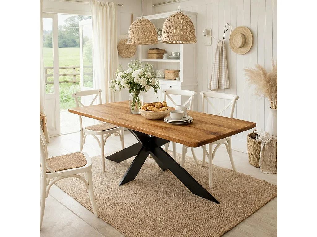 Table extensible chêne brun bords biseautés pied noir fin 200 cm PALERME