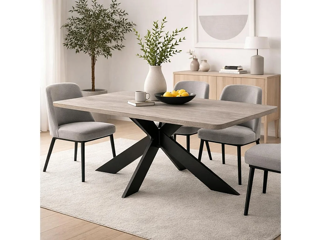 Table extensible chêne grisé bords biseautés pied noir fin 220 cm PALERME