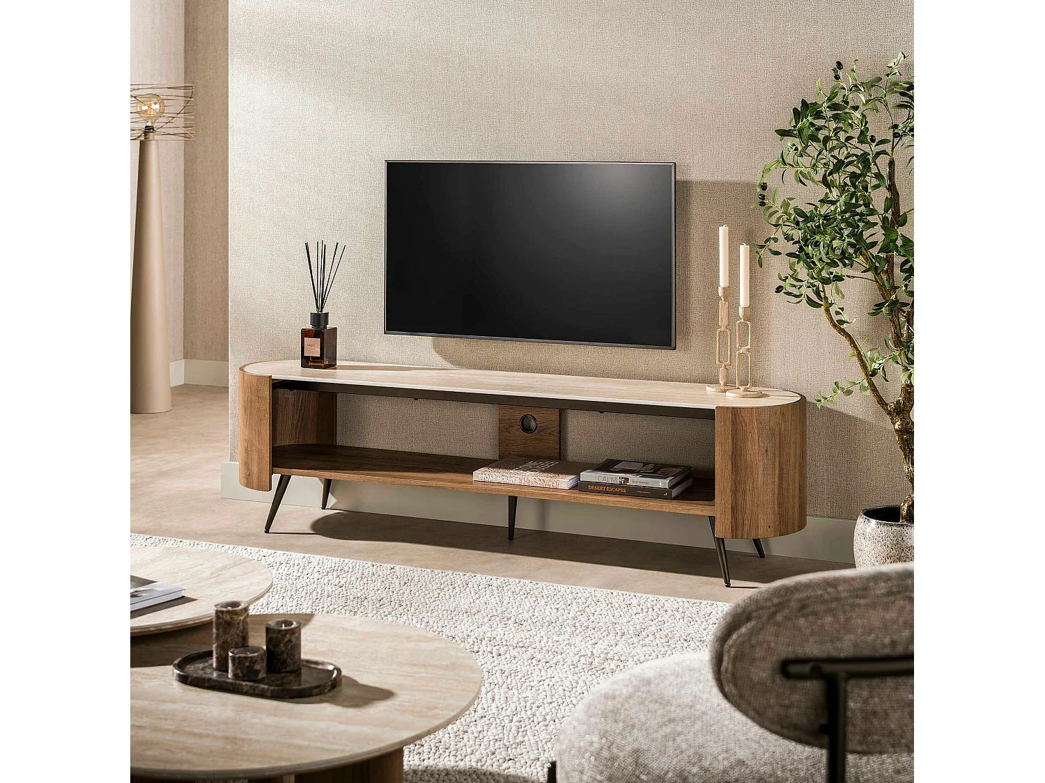 Meuble TV céramique 2 plateaux et pieds obliques ASCOLI