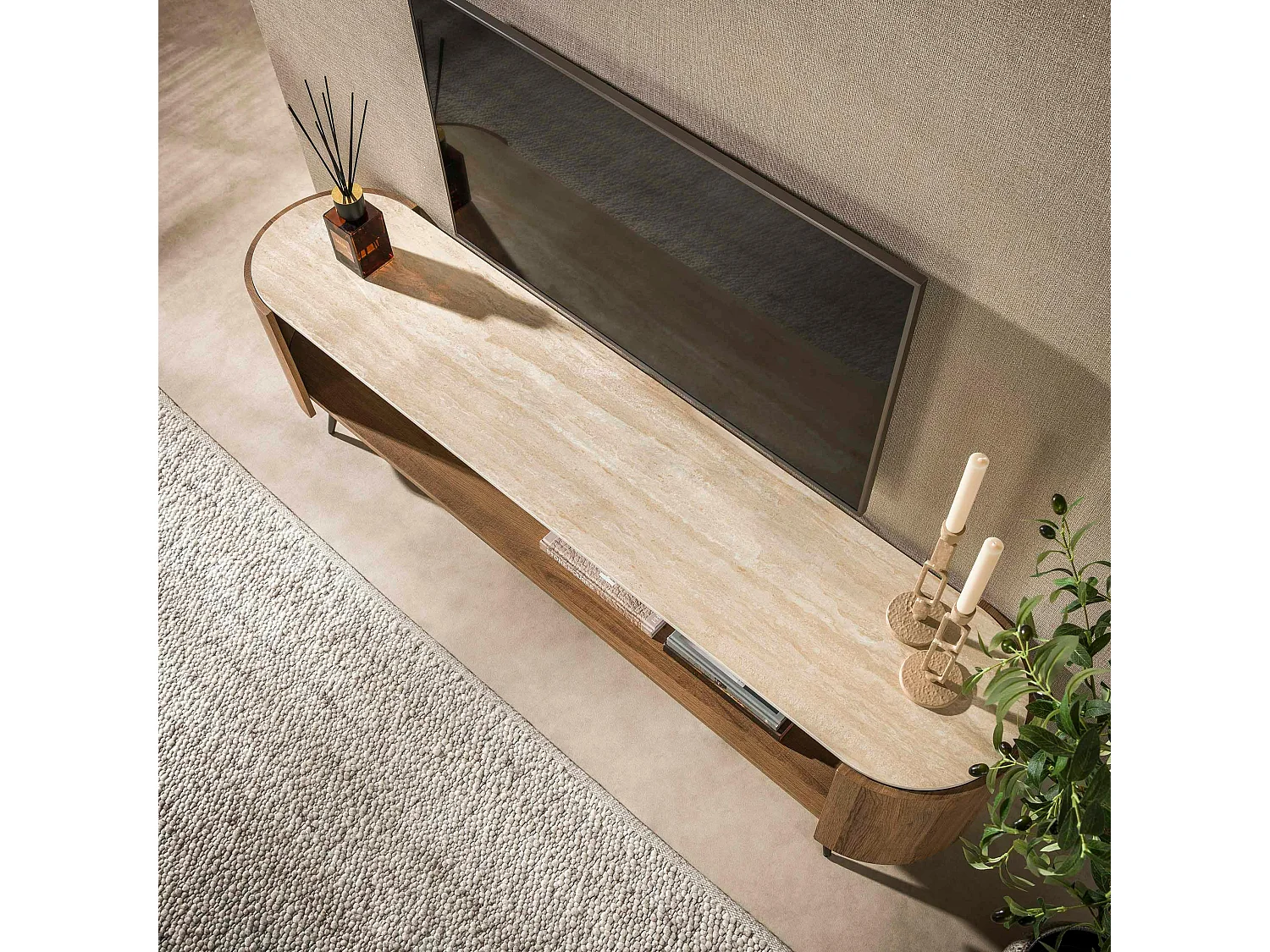 Meuble TV céramique 2 plateaux et pieds obliques ASCOLI