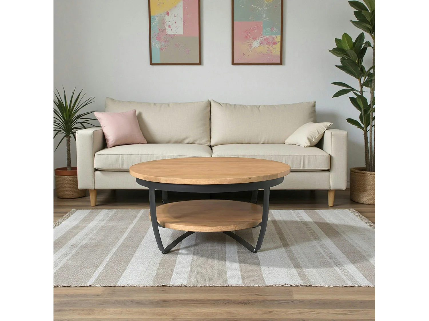 Table basse ronde bois clair et métal Ø90 cm OMAHA