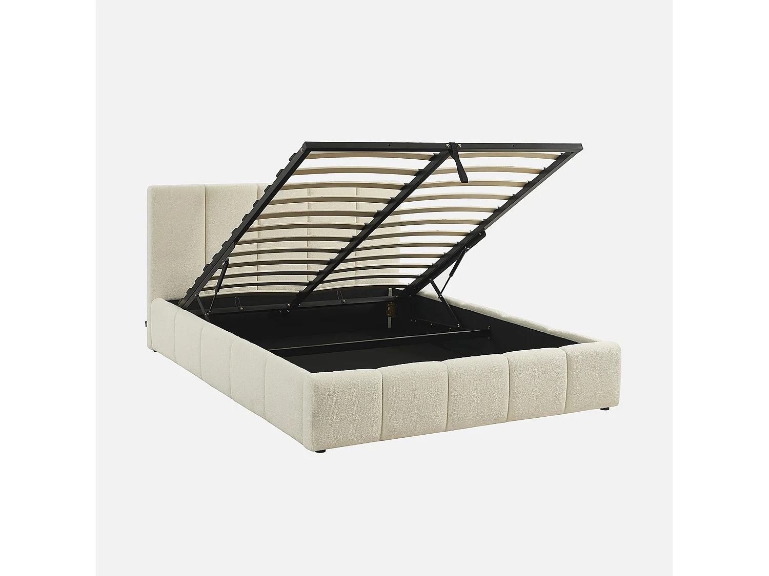 Lit coffre double avec sommier à lattes et tête de lit blanc finition bouclette texturée 140x190cm- Lex