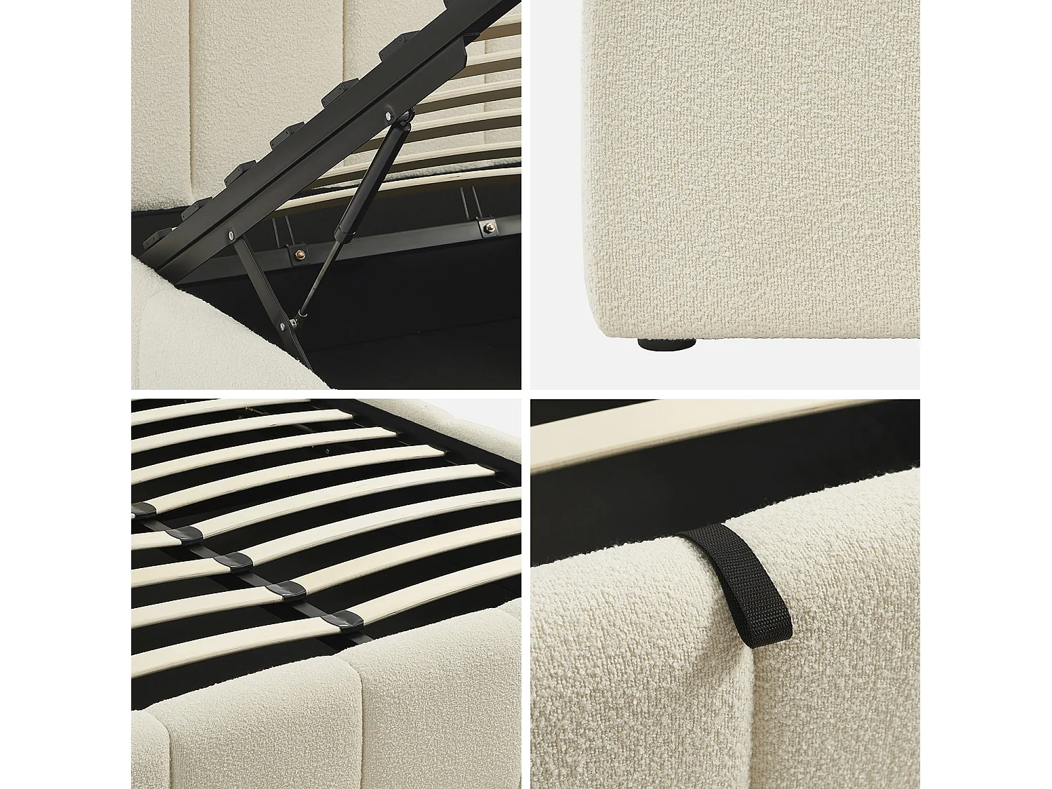 Lit coffre double avec sommier à lattes et tête de lit blanc finition bouclette texturée 140x190cm- Lex