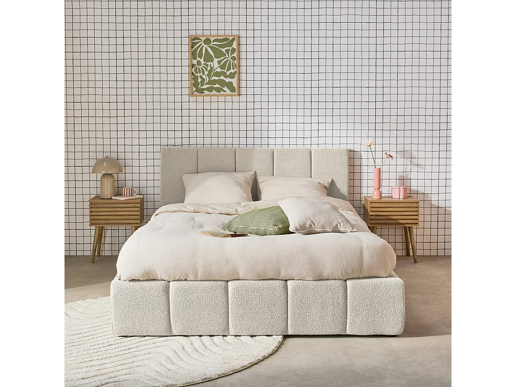 Lit coffre double avec sommier à lattes et tête de lit blanc finition bouclette texturée 140x190cm- Lex