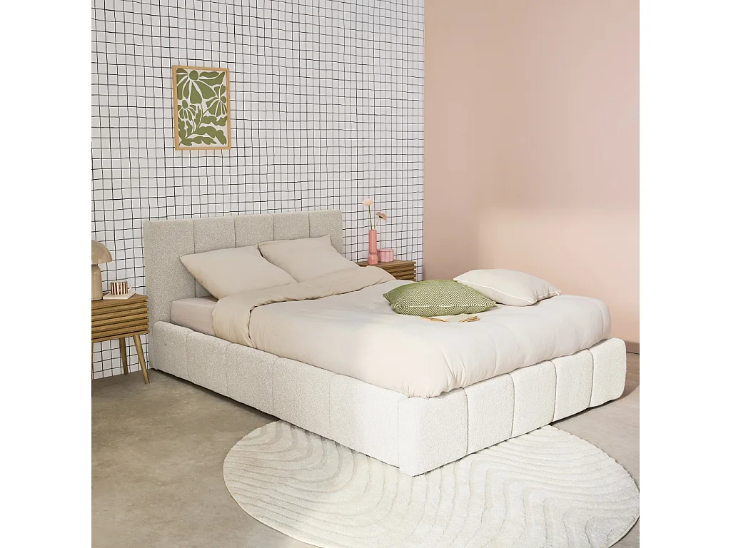 Lit coffre double avec sommier à lattes et tête de lit blanc finition bouclette texturée 140x190cm- Lex
