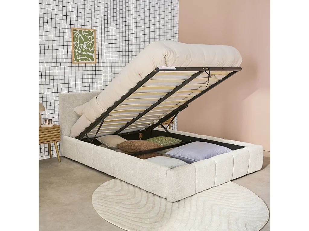 Lit coffre double avec sommier à lattes et tête de lit blanc finition bouclette texturée 140x190cm- Lex