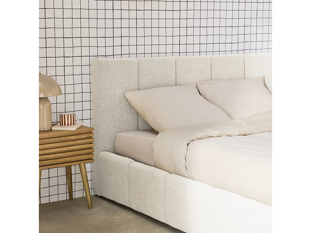 Lit coffre double avec sommier à lattes et tête de lit blanc finition bouclette texturée 140x190cm- Lex