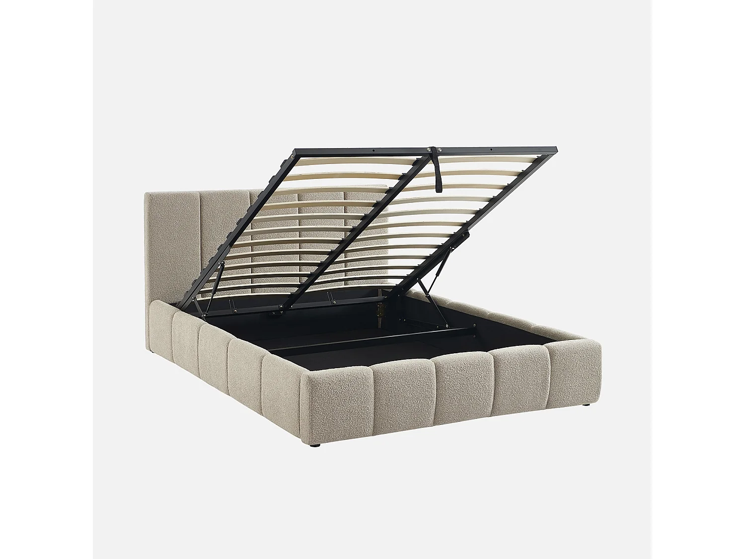 Lit coffre double avec sommier à lattes et tête de lit beige finition bouclette texturée 140x190cm- Lex