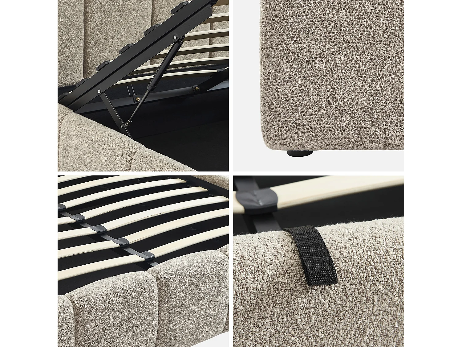 Lit coffre double avec sommier à lattes et tête de lit beige finition bouclette texturée 140x190cm- Lex