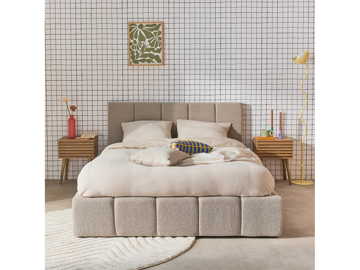 Lit coffre double avec sommier à lattes et tête de lit beige finition bouclette texturée 140x190cm- Lex