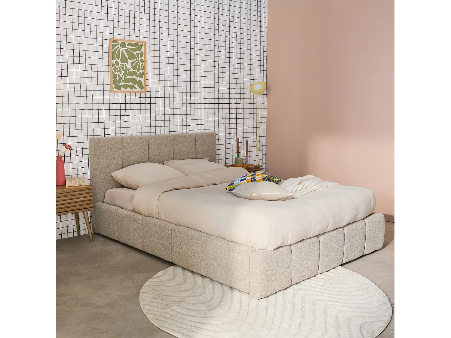 Lit coffre double avec sommier à lattes et tête de lit beige finition bouclette texturée 140x190cm- Lex