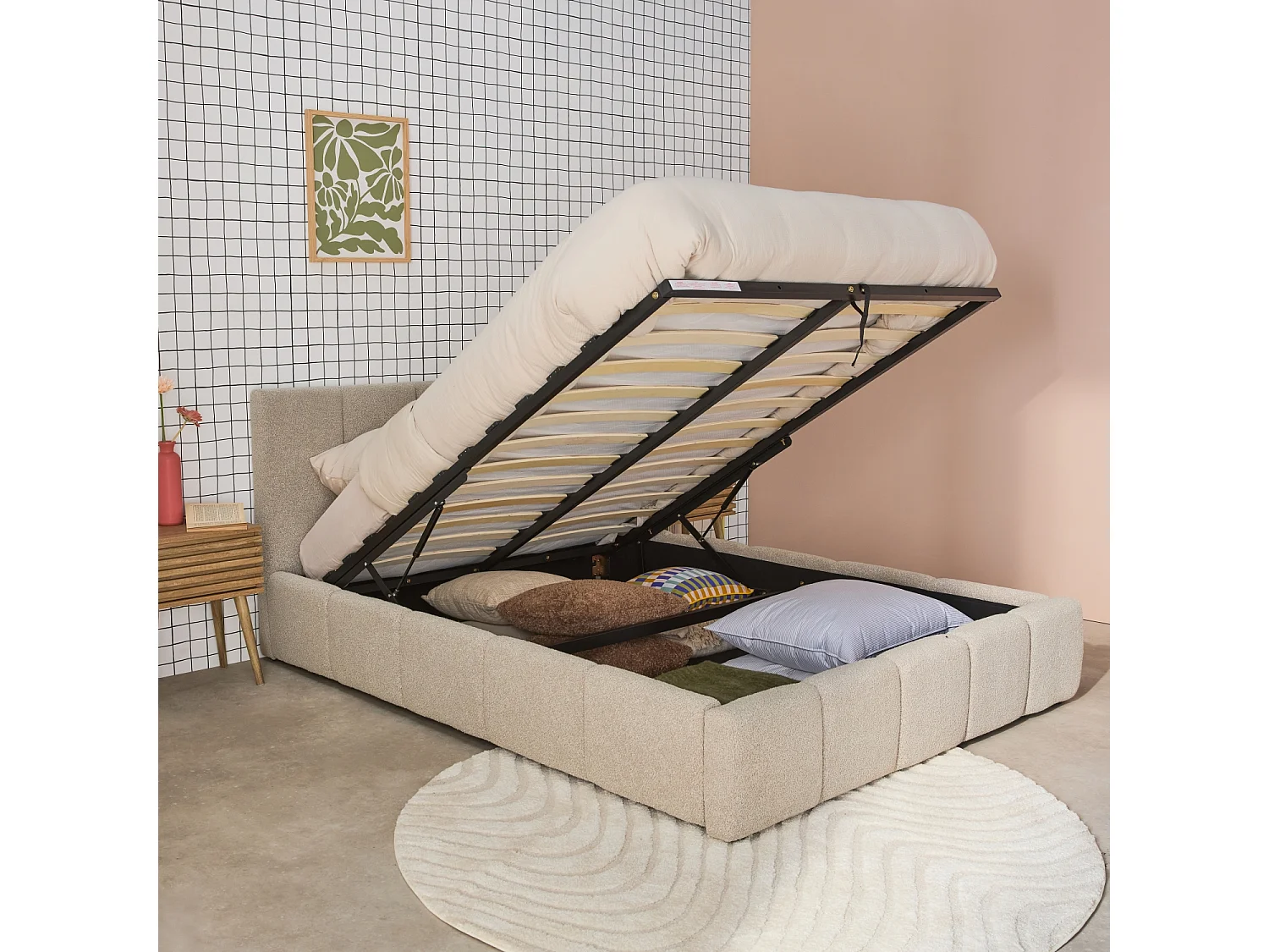 Lit coffre double avec sommier à lattes et tête de lit beige finition bouclette texturée 140x190cm- Lex