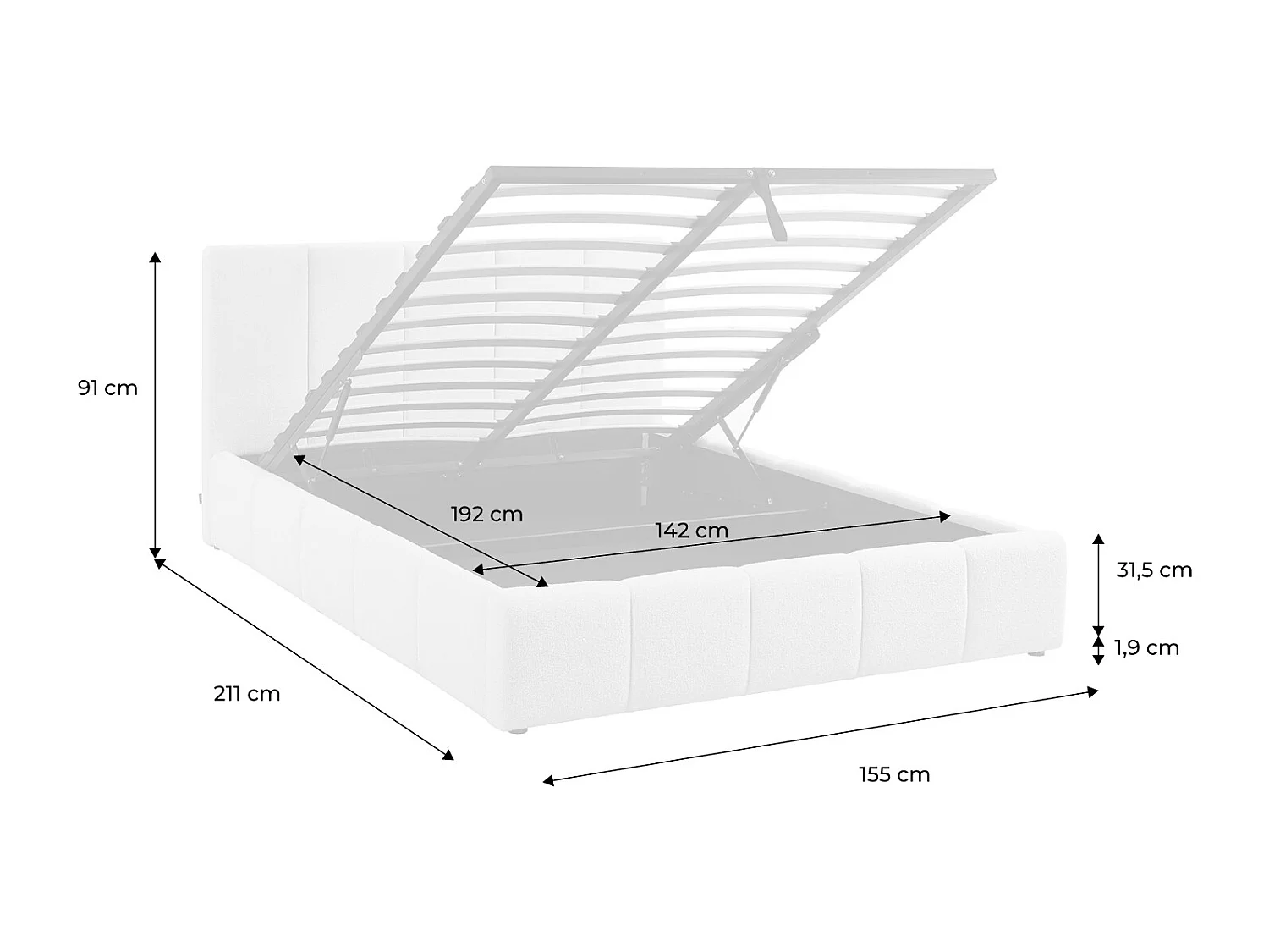 Lit coffre double avec sommier à lattes et tête de lit beige finition bouclette texturée 140x190cm- Lex