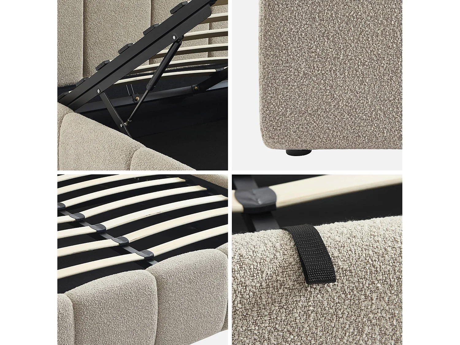 Lit coffre double avec sommier à lattes et tête de lit beige finition bouclette texturée 140x190cm- Lex