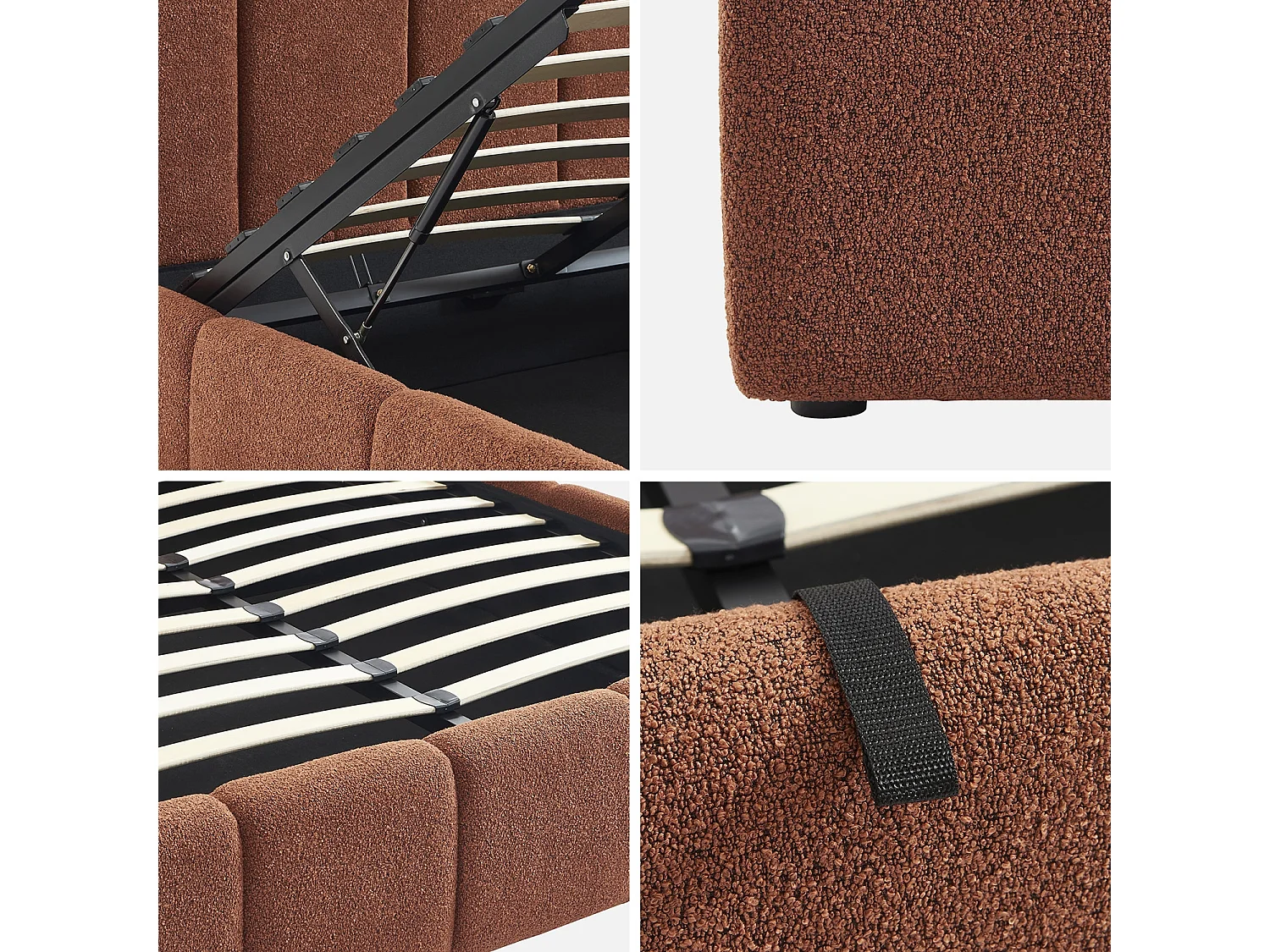 Lit coffre double avec sommier à lattes et tête de lit terracotta finition bouclette texturée 140x190cm- Lex