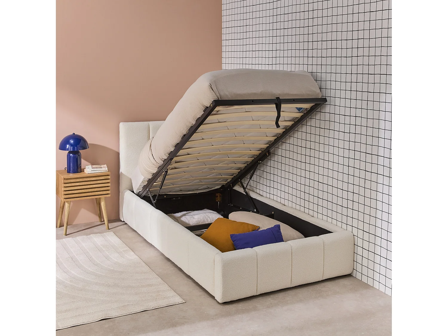 Cama baúl con somier de láminas y cabecera 90x190cm, acabado en