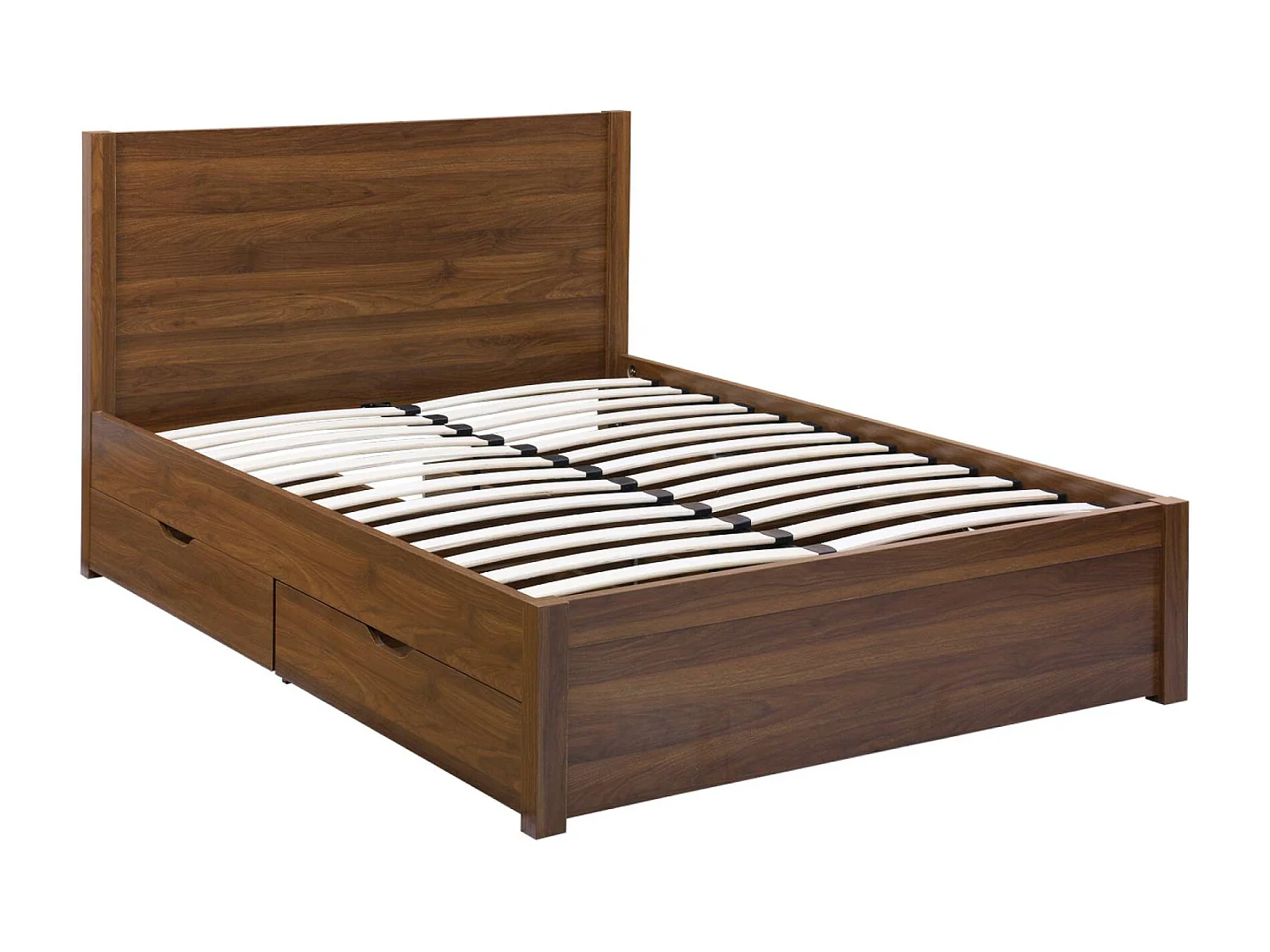 Lit avec sommier à lattes et tête de lit 140 x 190cm + 4 tiroirs décor bois noyer - Nepal