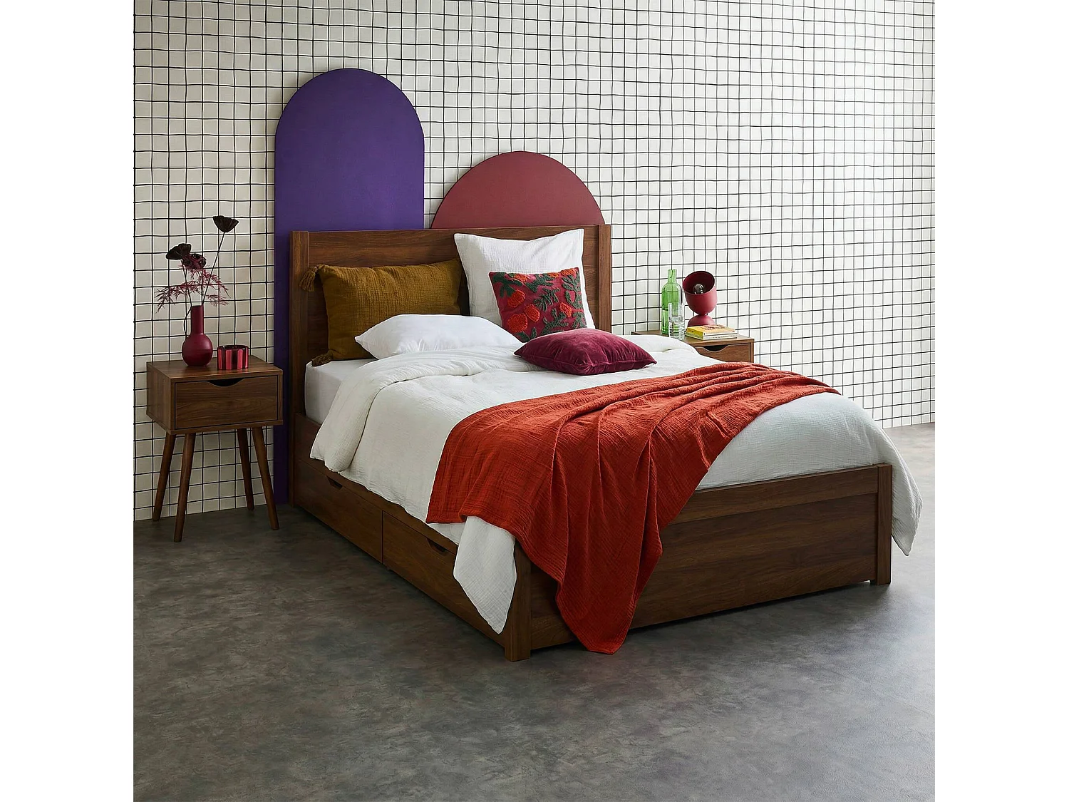 Lit avec sommier à lattes et tête de lit 140 x 190cm + 4 tiroirs décor bois noyer - Nepal