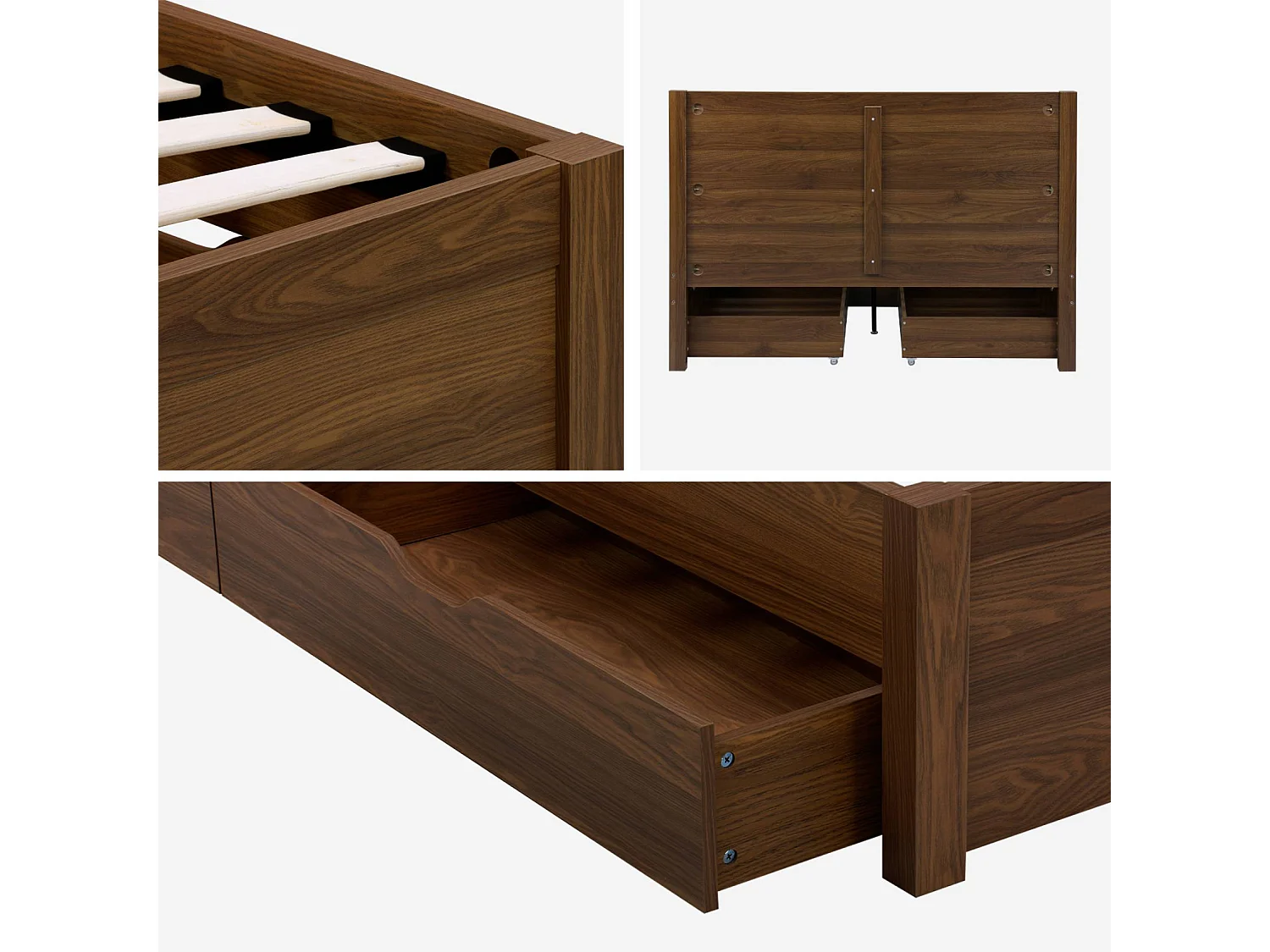 Lit avec sommier à lattes et tête de lit 140 x 190cm + 4 tiroirs décor bois noyer - Nepal