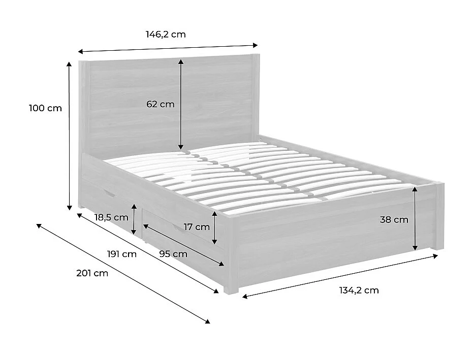 Lit avec sommier à lattes et tête de lit 140 x 190cm + 4 tiroirs décor bois noyer - Nepal