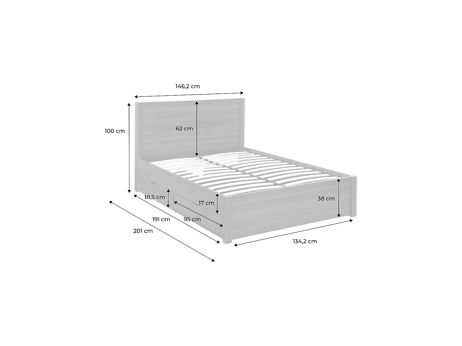 Lit avec sommier à lattes et tête de lit 140 x 190cm + 4 tiroirs décor bois naturel - Nepal