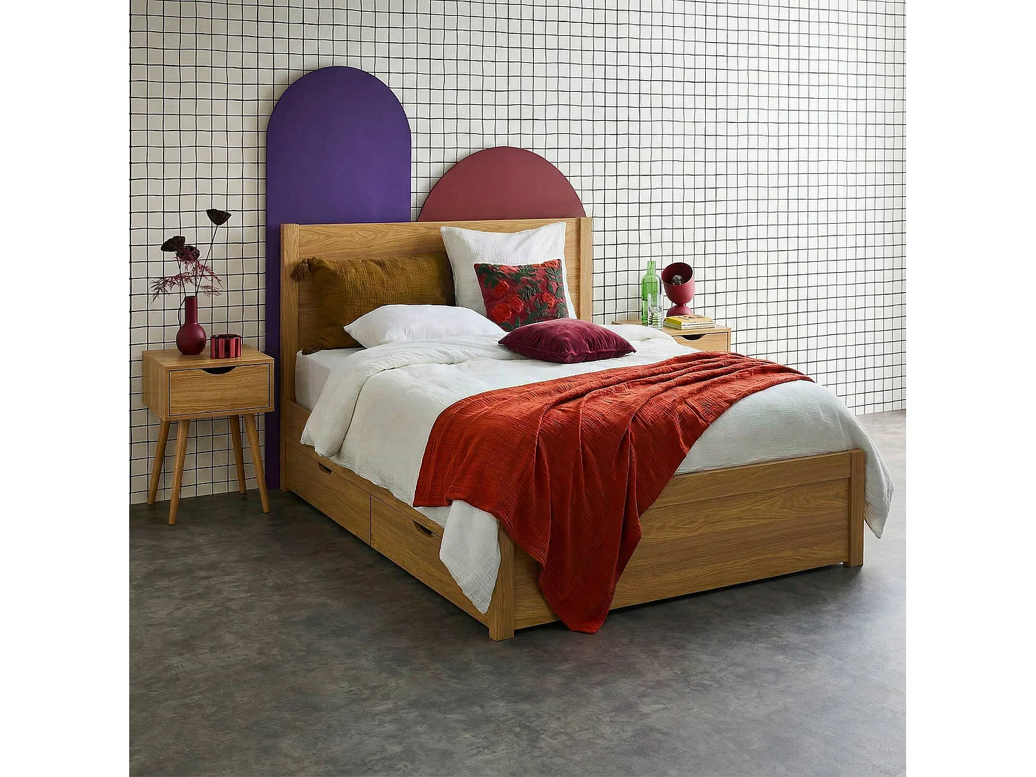 Lit avec sommier à lattes et tête de lit 140 x 190cm + 4 tiroirs décor bois naturel - Nepal