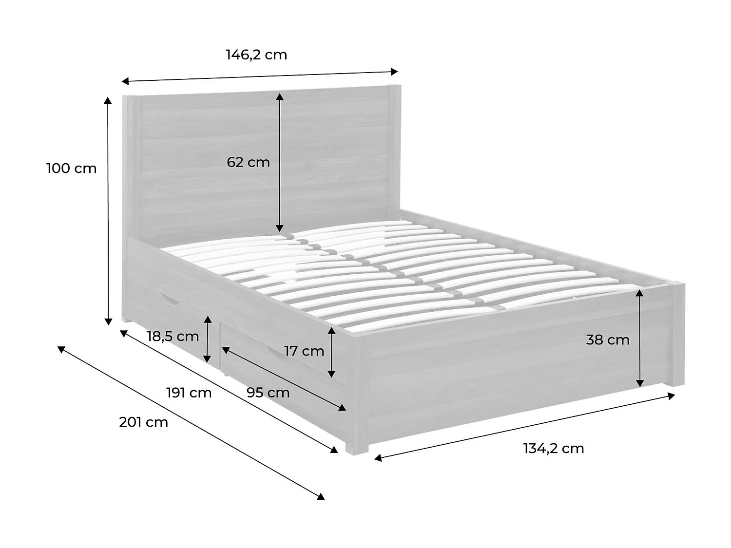 Lit avec sommier à lattes et tête de lit 140 x 190cm + 4 tiroirs décor bois naturel - Nepal
