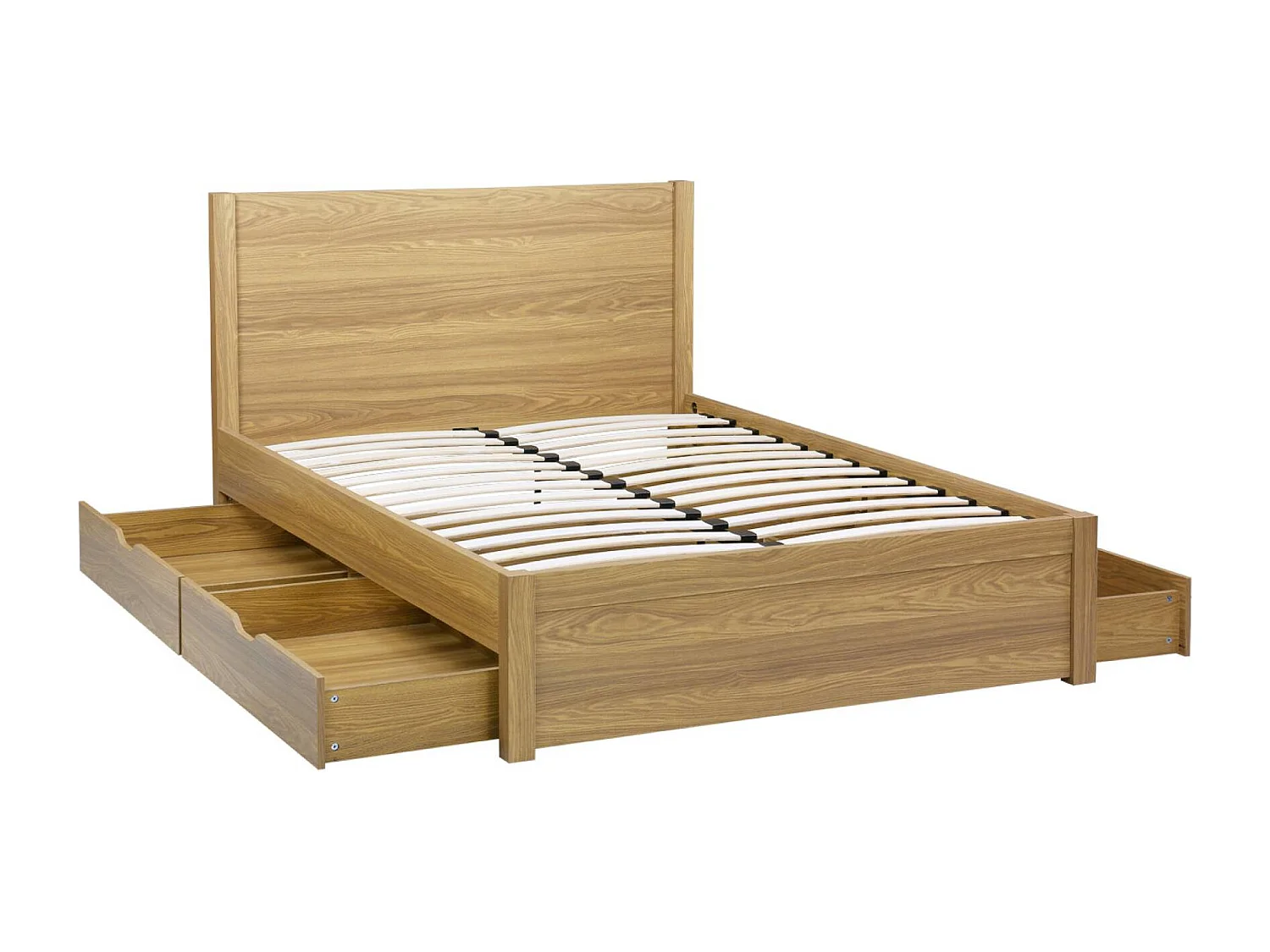 Lit avec sommier à lattes et tête de lit 140 x 190cm + 4 tiroirs décor bois naturel - Nepal