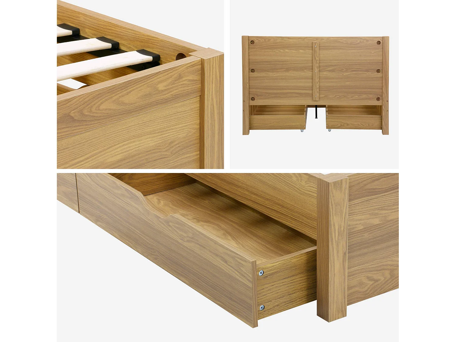 Lit avec sommier à lattes et tête de lit 140 x 190cm + 4 tiroirs décor bois naturel - Nepal