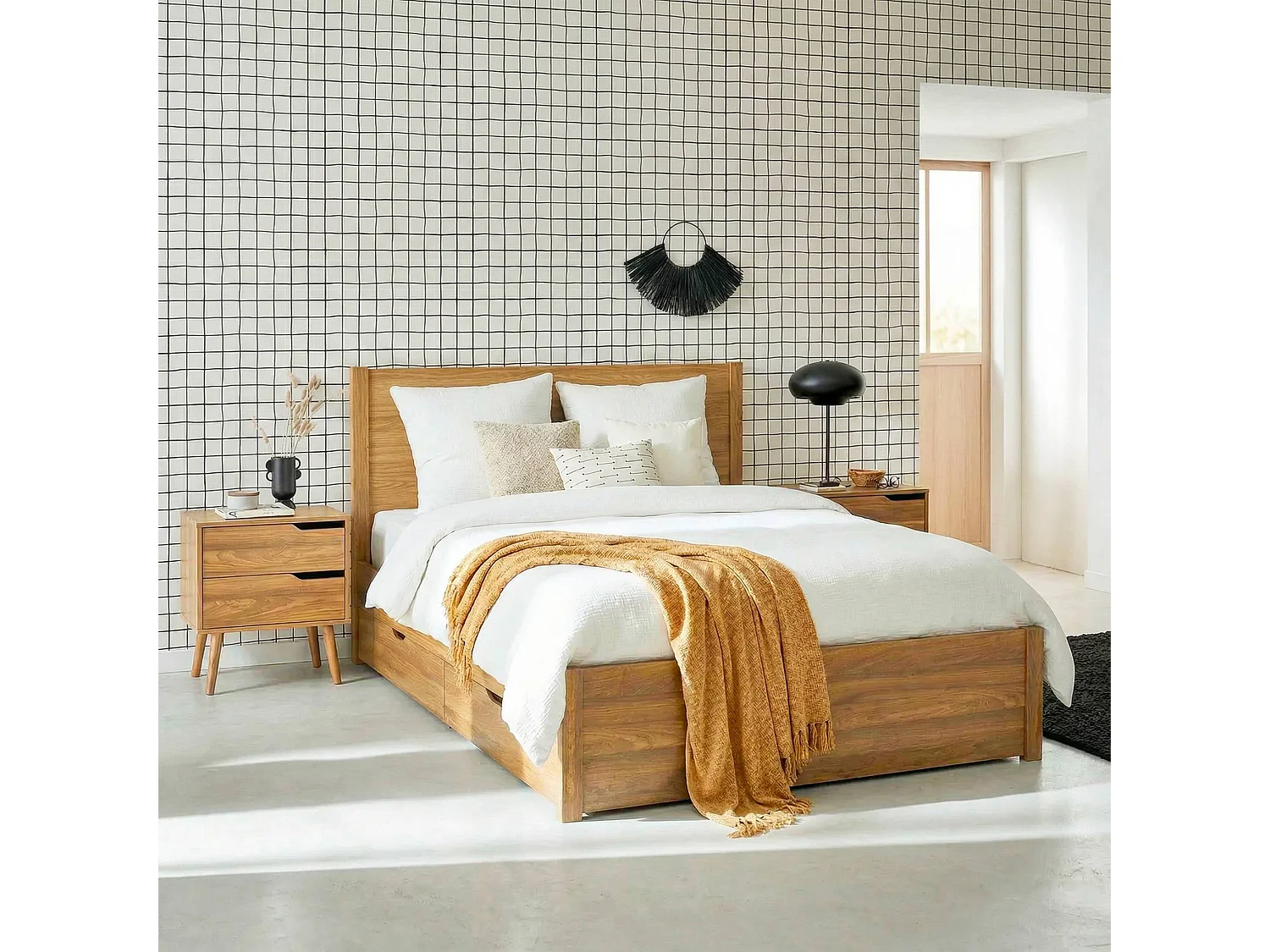 Letto con rete a doghe e testiera 160x200cm + 4 cassetti, marrone