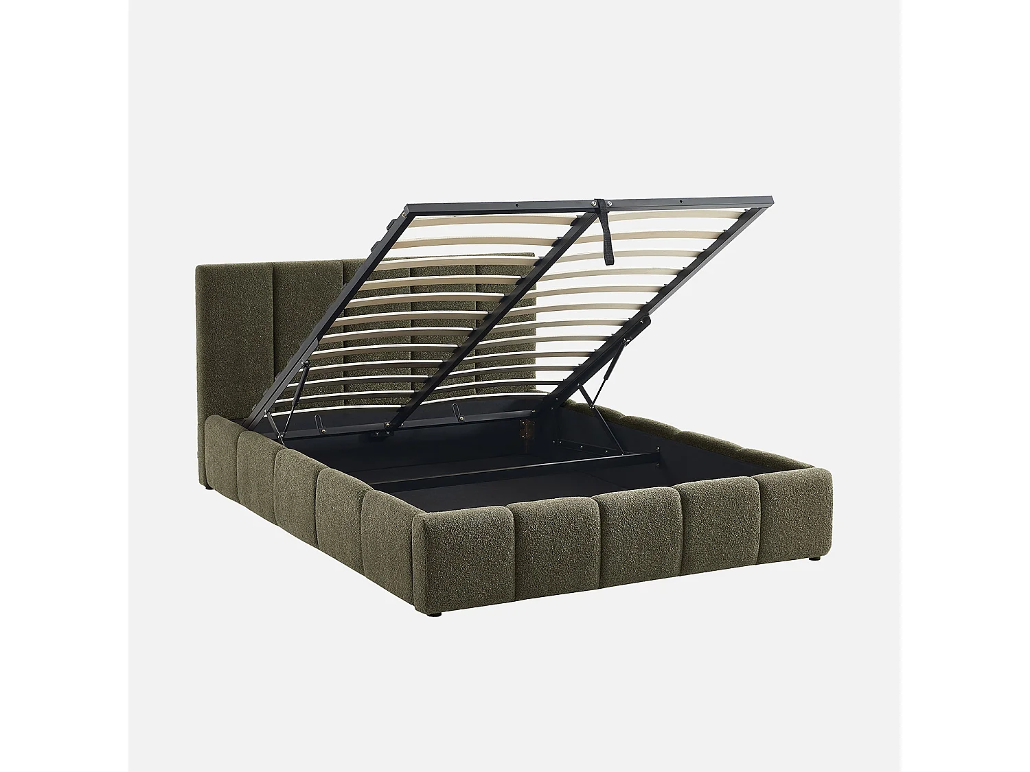 Lit coffre double avec sommier à lattes et tête de lit kaki finition bouclette texturée 140x190cm- Lex