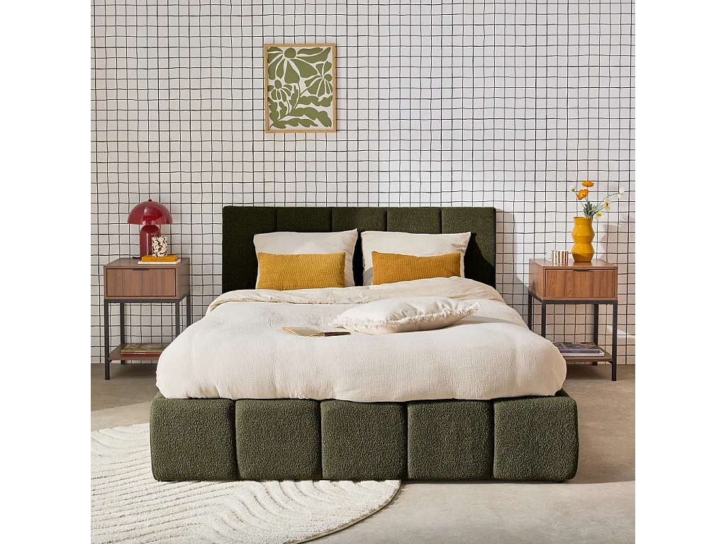 Lit coffre double avec sommier à lattes et tête de lit kaki finition bouclette texturée 140x190cm- Lex