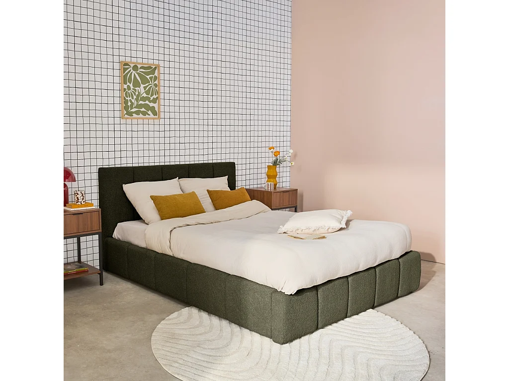 Lit coffre double avec sommier à lattes et tête de lit kaki finition bouclette texturée 140x190cm- Lex