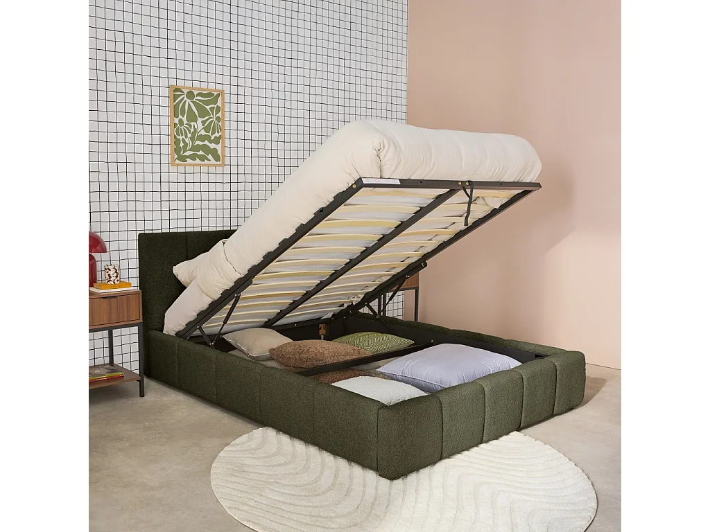 Lit coffre double avec sommier à lattes et tête de lit kaki finition bouclette texturée 140x190cm- Lex