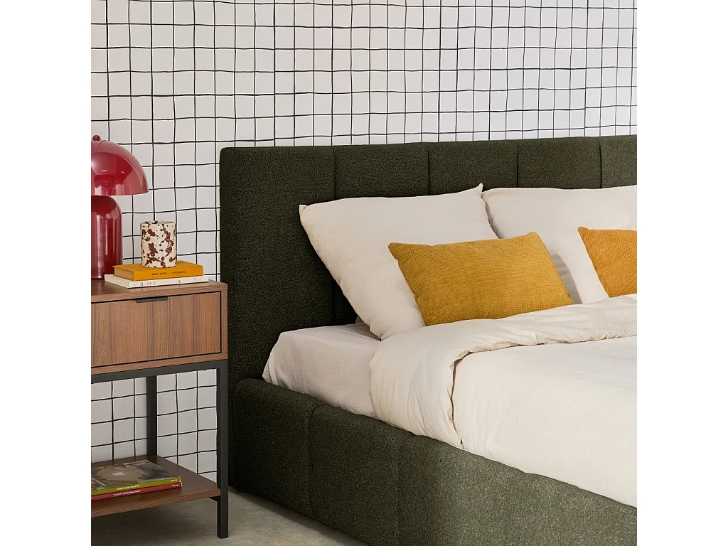Lit coffre double avec sommier à lattes et tête de lit kaki finition bouclette texturée 140x190cm- Lex