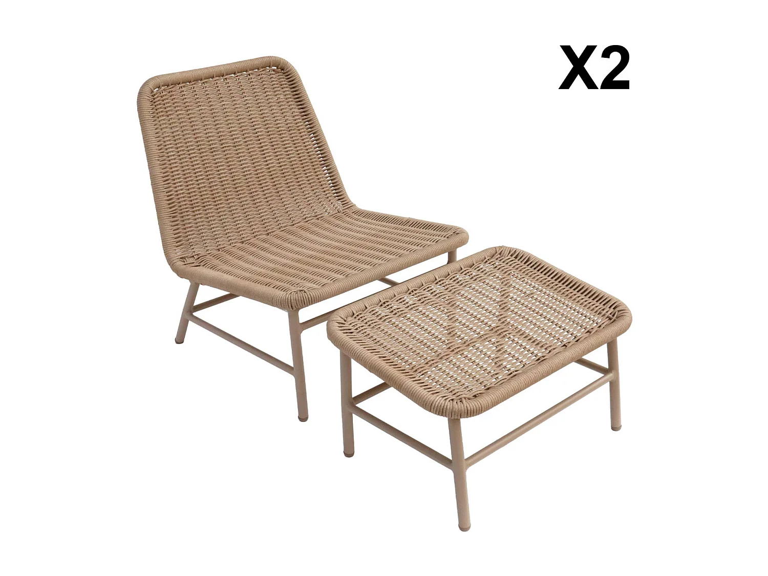Sillón relax y reposapiés de aluminio y cuerda, set de 2 beige