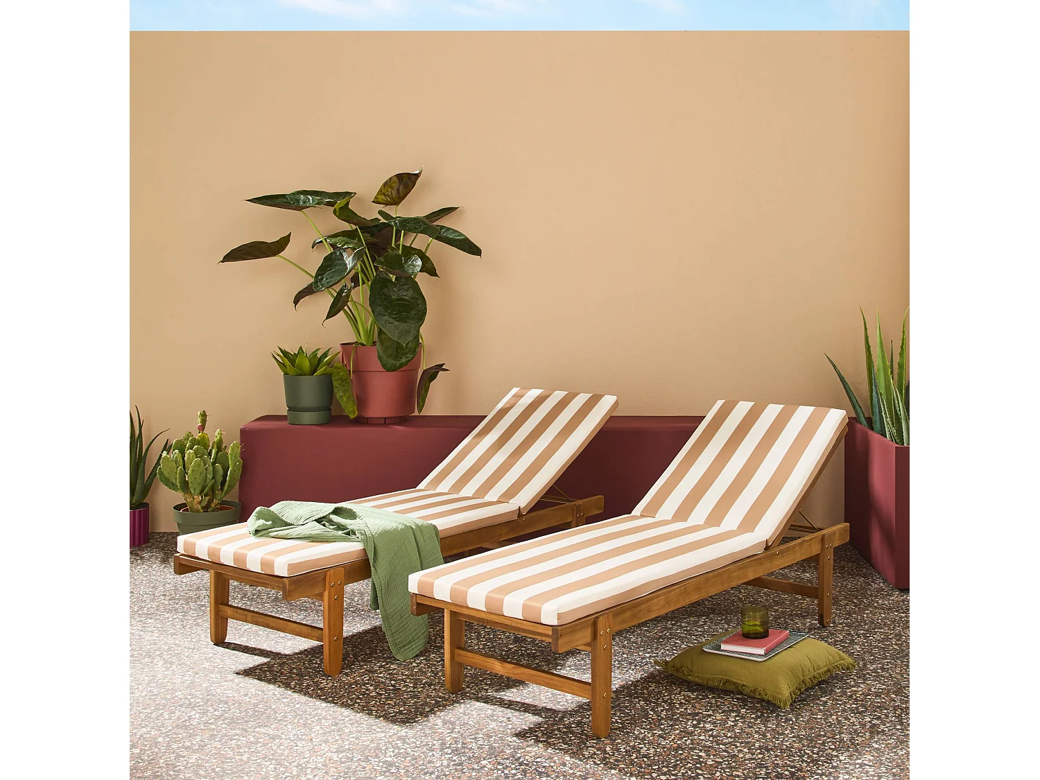 Tumbona de madera con ruedas, set de 2 beige con rayas blancas