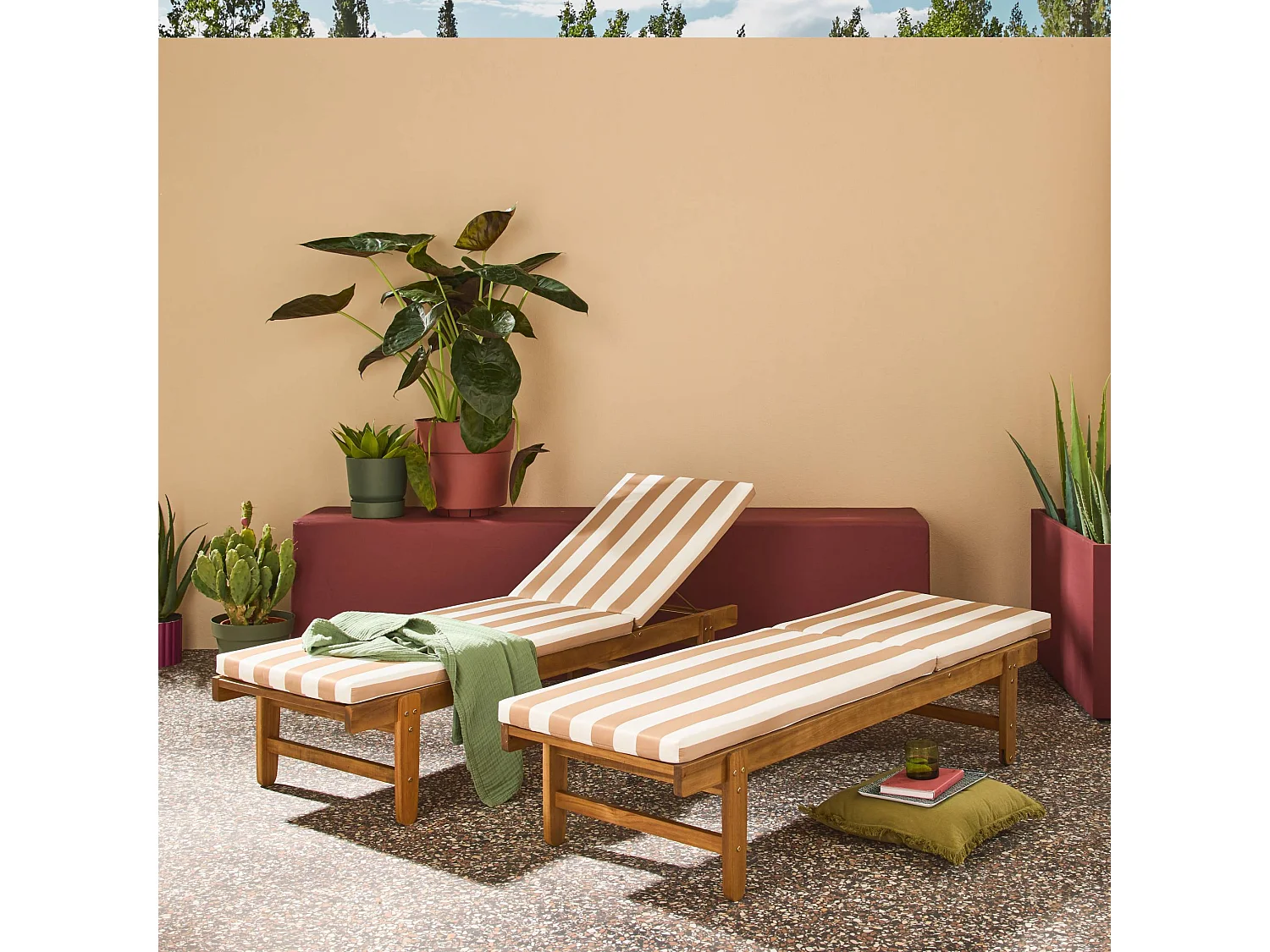 Tumbona de madera con ruedas, set de 2 beige con rayas blancas