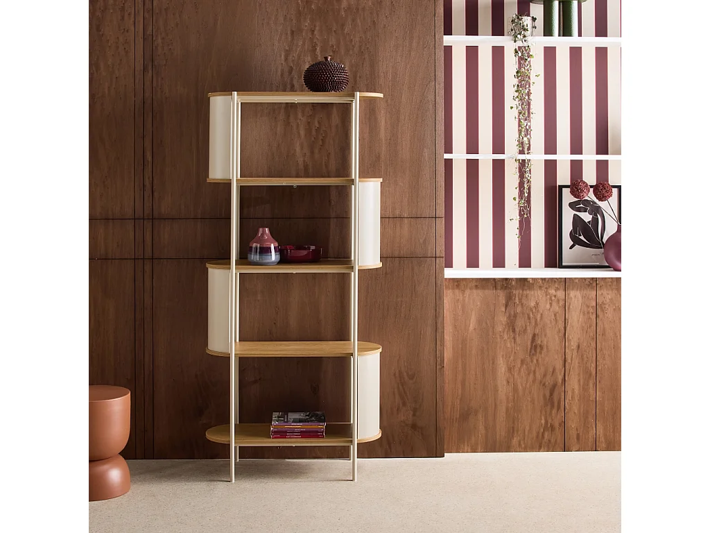 Libreria in metallo curvato e legno a 5 livelli, beige
