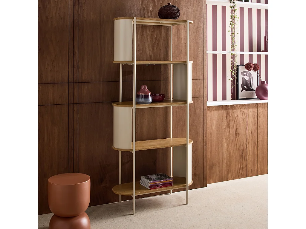 Libreria in metallo curvato e legno a 5 livelli, beige