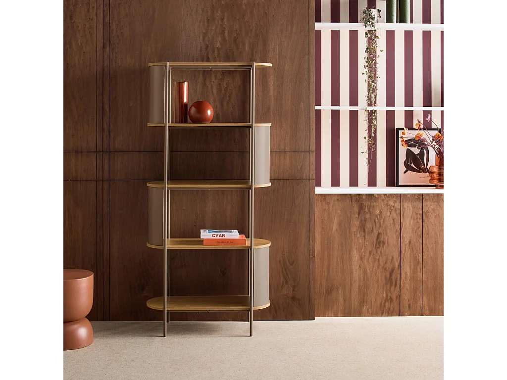 Libreria in metallo curvato e legno a 5 livelli, marrone