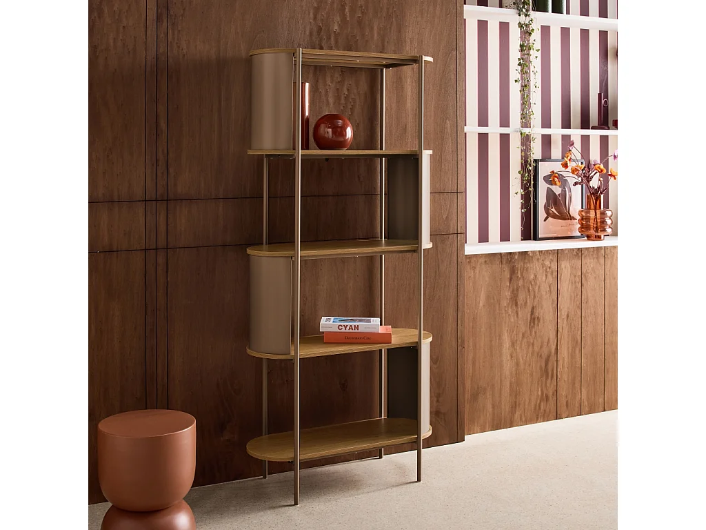 Libreria in metallo curvato e legno a 5 livelli, marrone