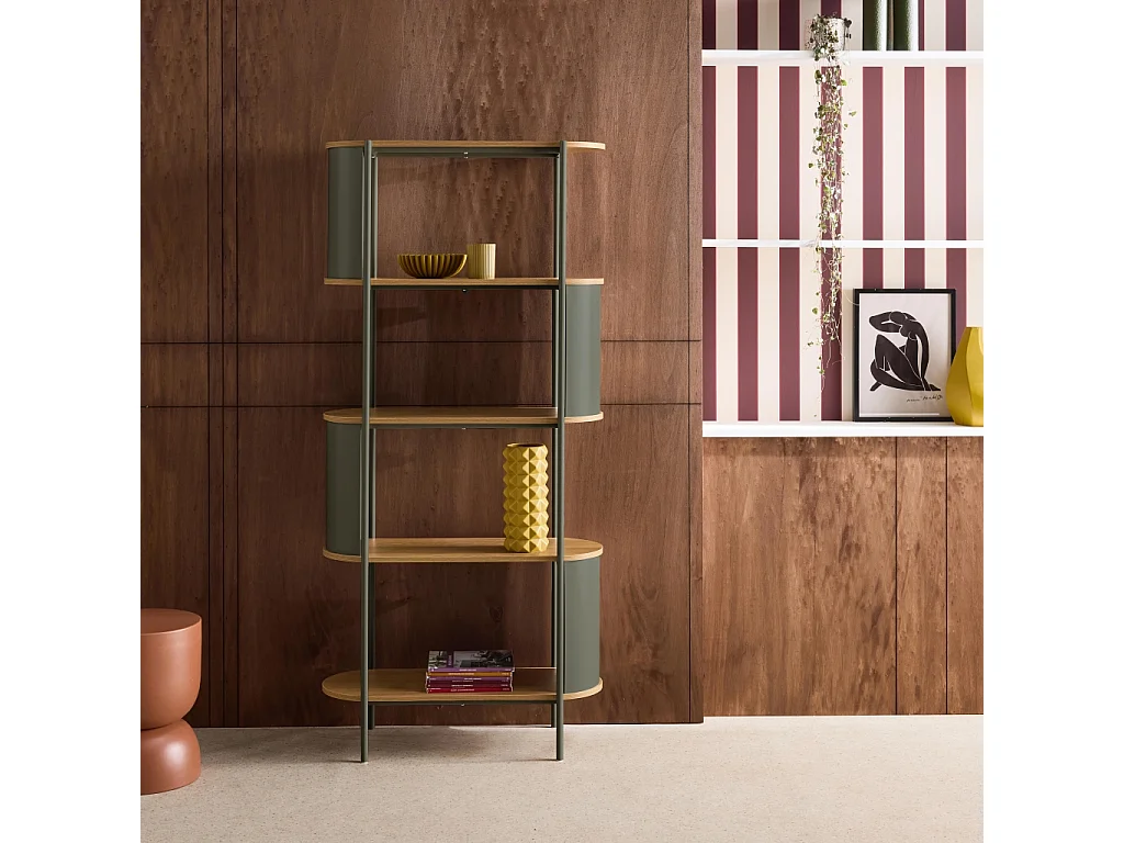 Etagère bibliothèque métal courbé et décor bois 5 niveaux vert - Molto