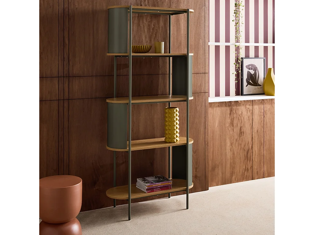 Etagère bibliothèque métal courbé et décor bois 5 niveaux vert - Molto