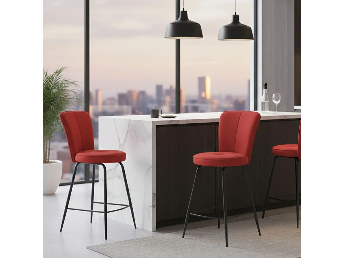 Lot de 2 tabourets assise de bar matelassée tissu toucher doux rouge pieds métal laqué anthracite - ELLIPSE