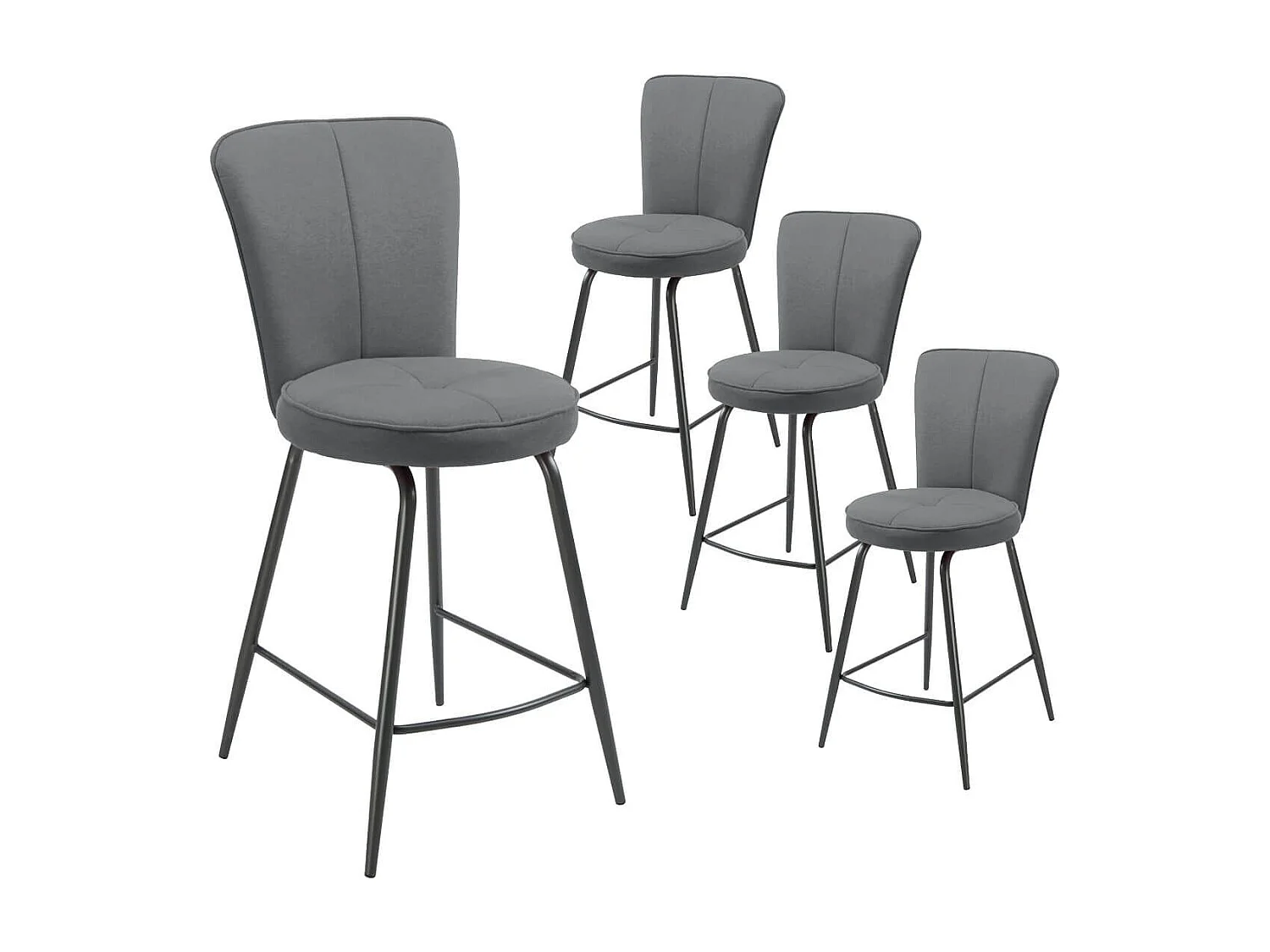 Lot de 4 tabourets assise de bar matelassée tissu toucher doux gris pieds métal laqué anthracite - ELLIPSE