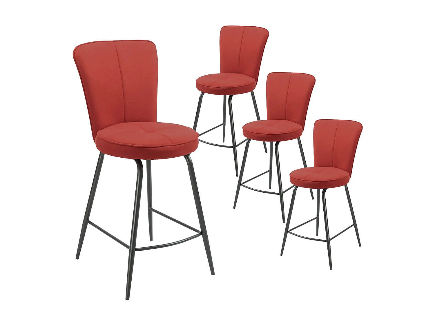 Lot de 4 tabourets assise de bar matelassée tissu toucher doux rouge pieds métal laqué anthracite - ELLIPSE